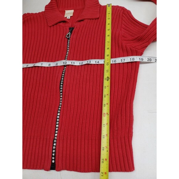 Vintage Von Saken Sweater Cardigan S Red Crystal Zipper Ribbed Bling USA Glam - Picture 6 of 9